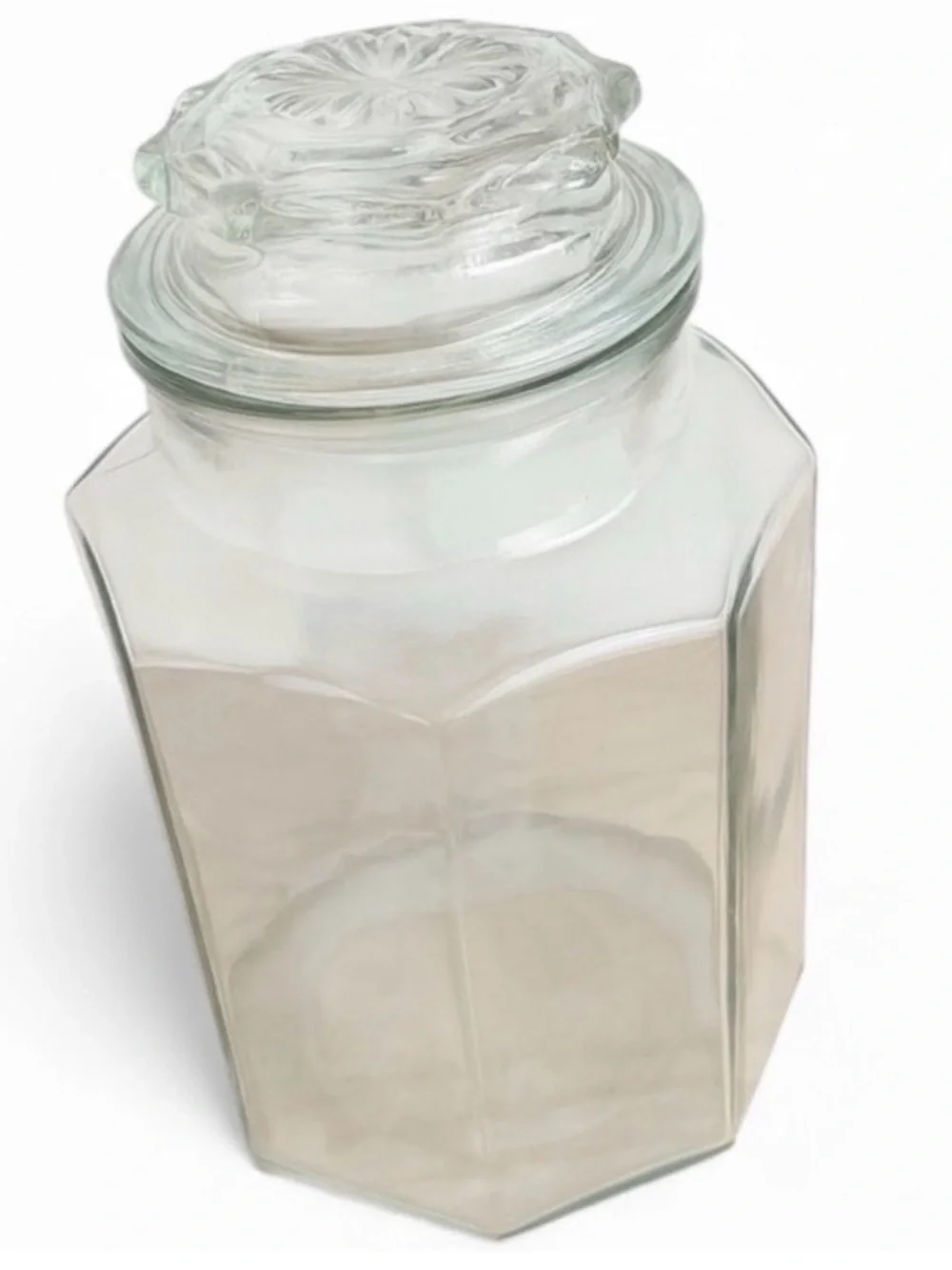 Vintage Pressed Glass Hexagon Kitchen Canister Embossed Lid Apothecary Jar